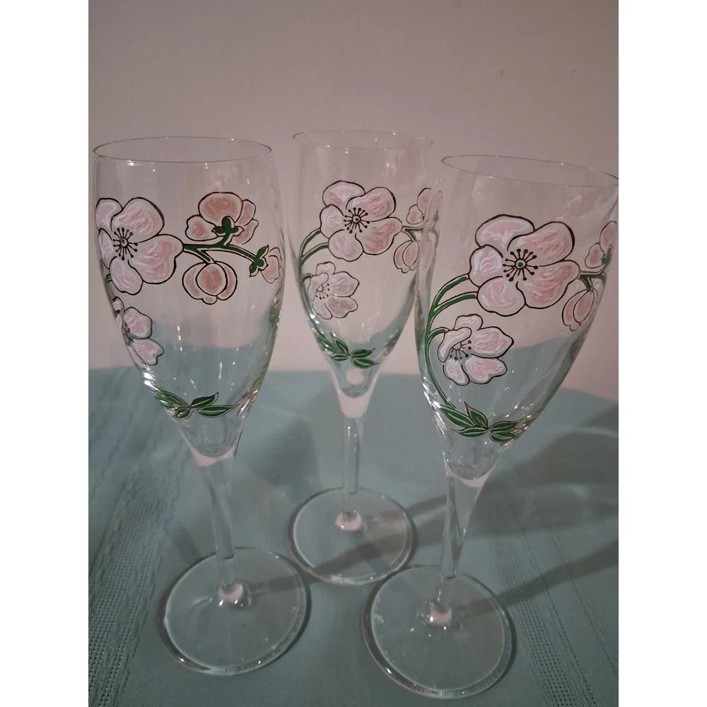 Set of 3 perrier jouet hand painted floral champagne glasses 7 1/2
